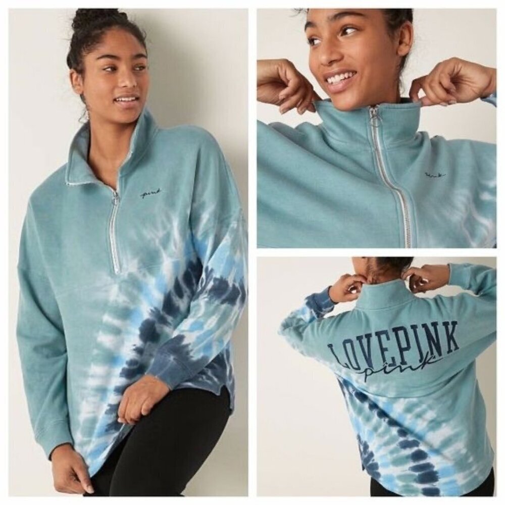 PINK Women's XS 1/4 Zip Tie Dye Sweatshirt Blue Gray Loungewear Oversized Comfy‎